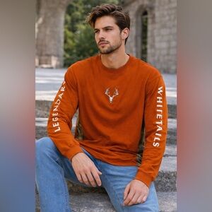 Legendary Whitetails Men’s L LS Crewneck T Shirt Rust Skull Logo Camo Sides